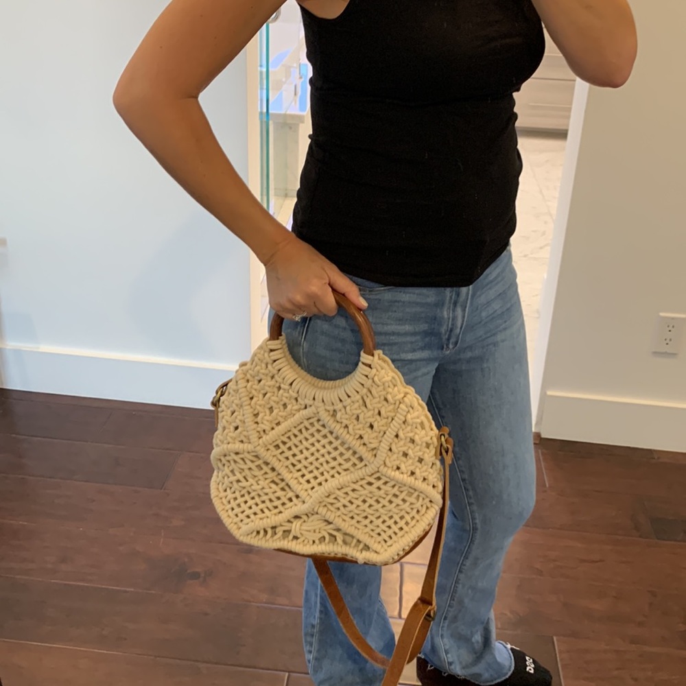 Cream Macramé & Tan Leather Round Handle Shoulder Bag - Picture 5 of 10